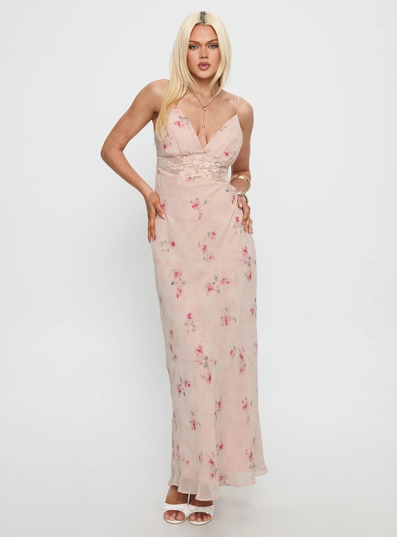 Romantic Flowy V-Neck Spaghetti Strap Lace Waist Maxi Floral Print Prom Dress