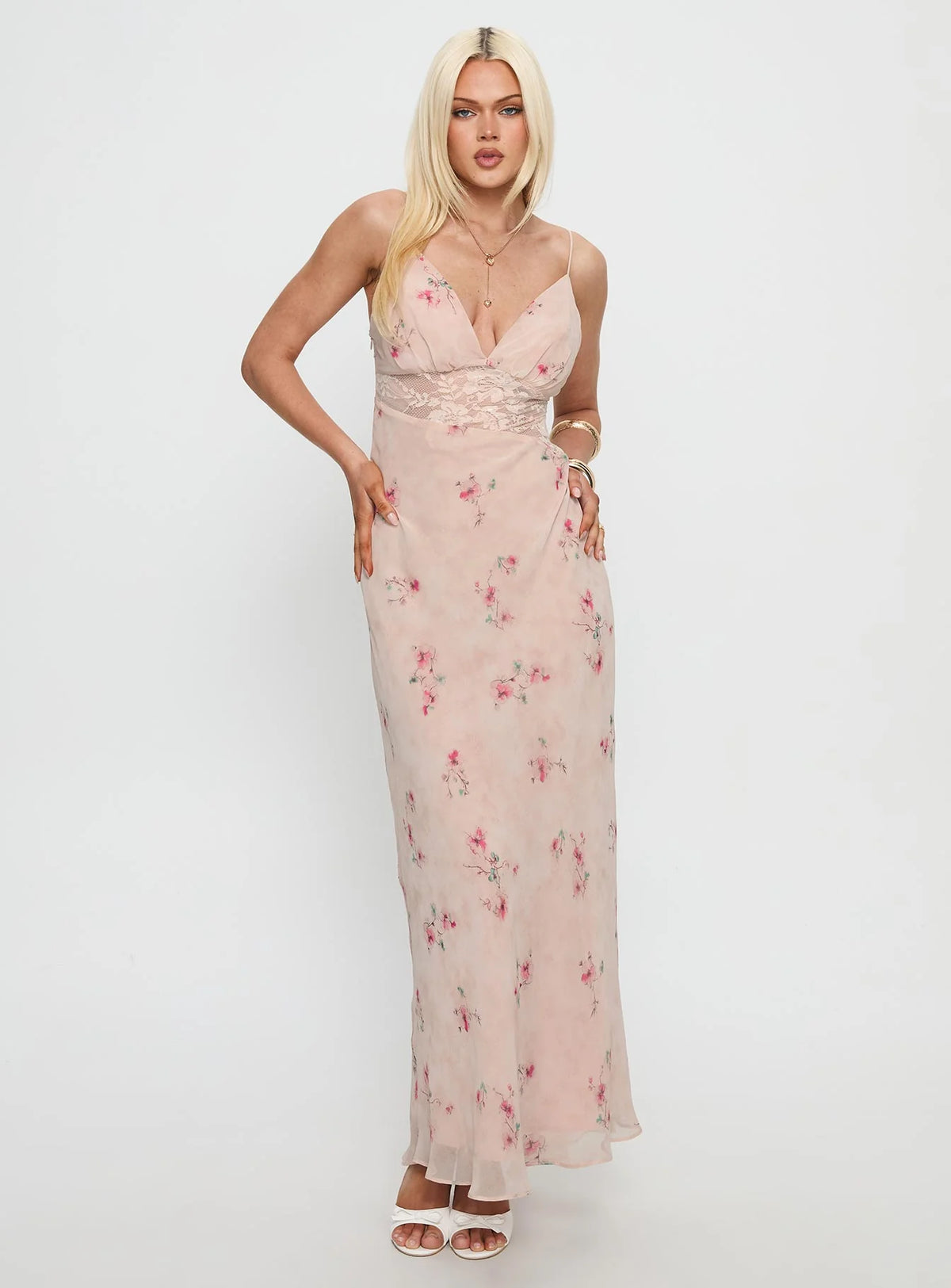 Blushing Pink Chiffon A-Line Floor-Length Evening Dress with V-Neck & Floral Print