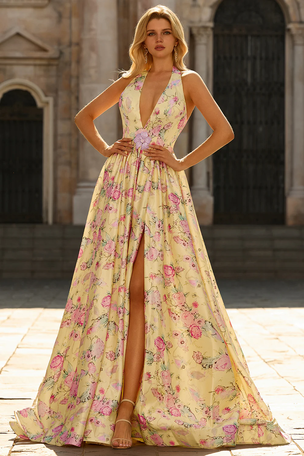 Romantic Halter Neck Floral Print Satin Prom Dress with Deep V-Neck, Waist Flower Accent and High Slit