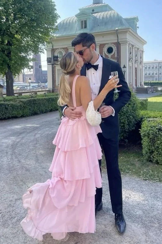 Romantic Halter Neck Tiered Ruffle Prom Dress with Low Open Back & Chiffon Maxi Skirt