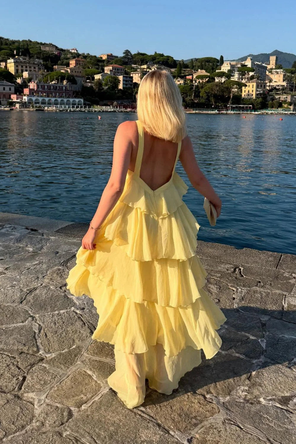 Romantic Halter Neck Tiered Ruffle Prom Dress with Low Open Back & Chiffon Maxi Skirt