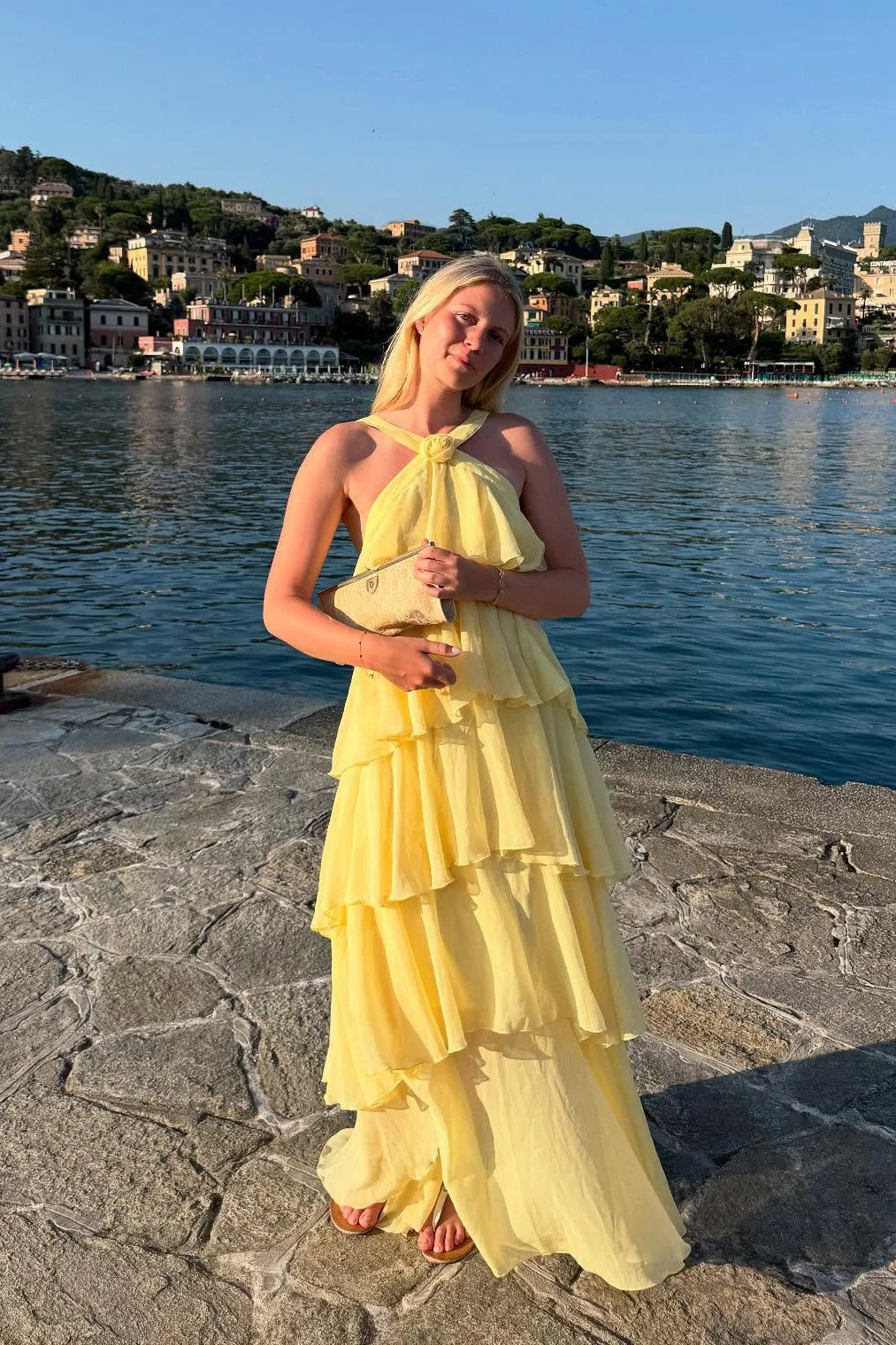 Romantic Halter Neck Tiered Ruffle Prom Dress with Low Open Back & Chiffon Maxi Skirt