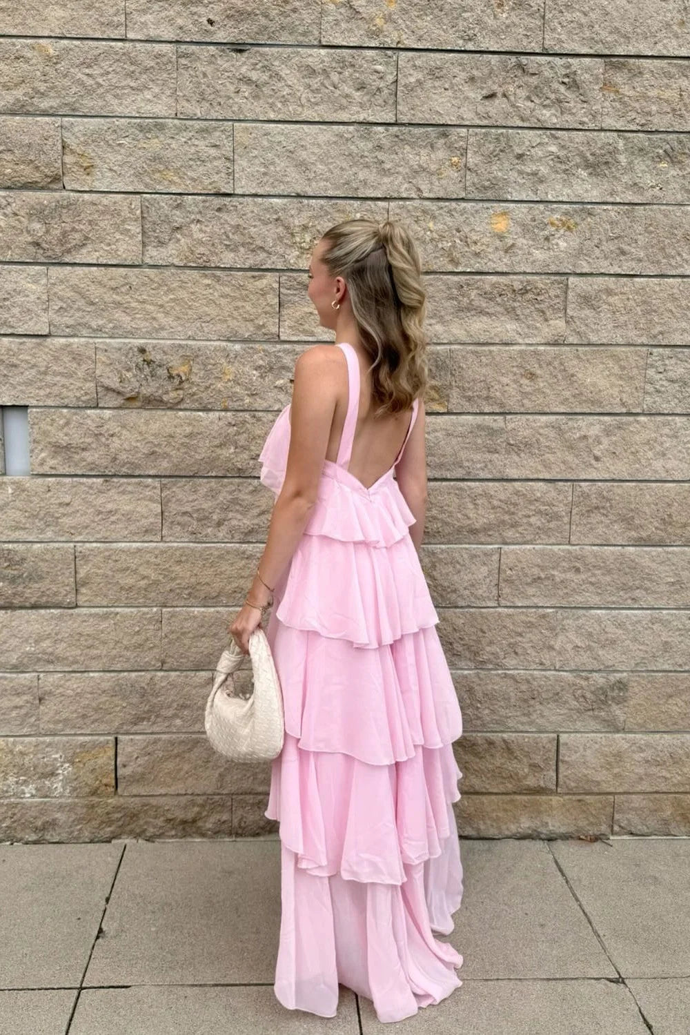 Romantic Halter Neck Tiered Ruffle Prom Dress with Low Open Back & Chiffon Maxi Skirt