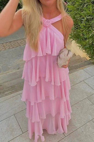 Romantic Halter Neck Tiered Ruffle Prom Dress with Low Open Back & Chiffon Maxi Skirt