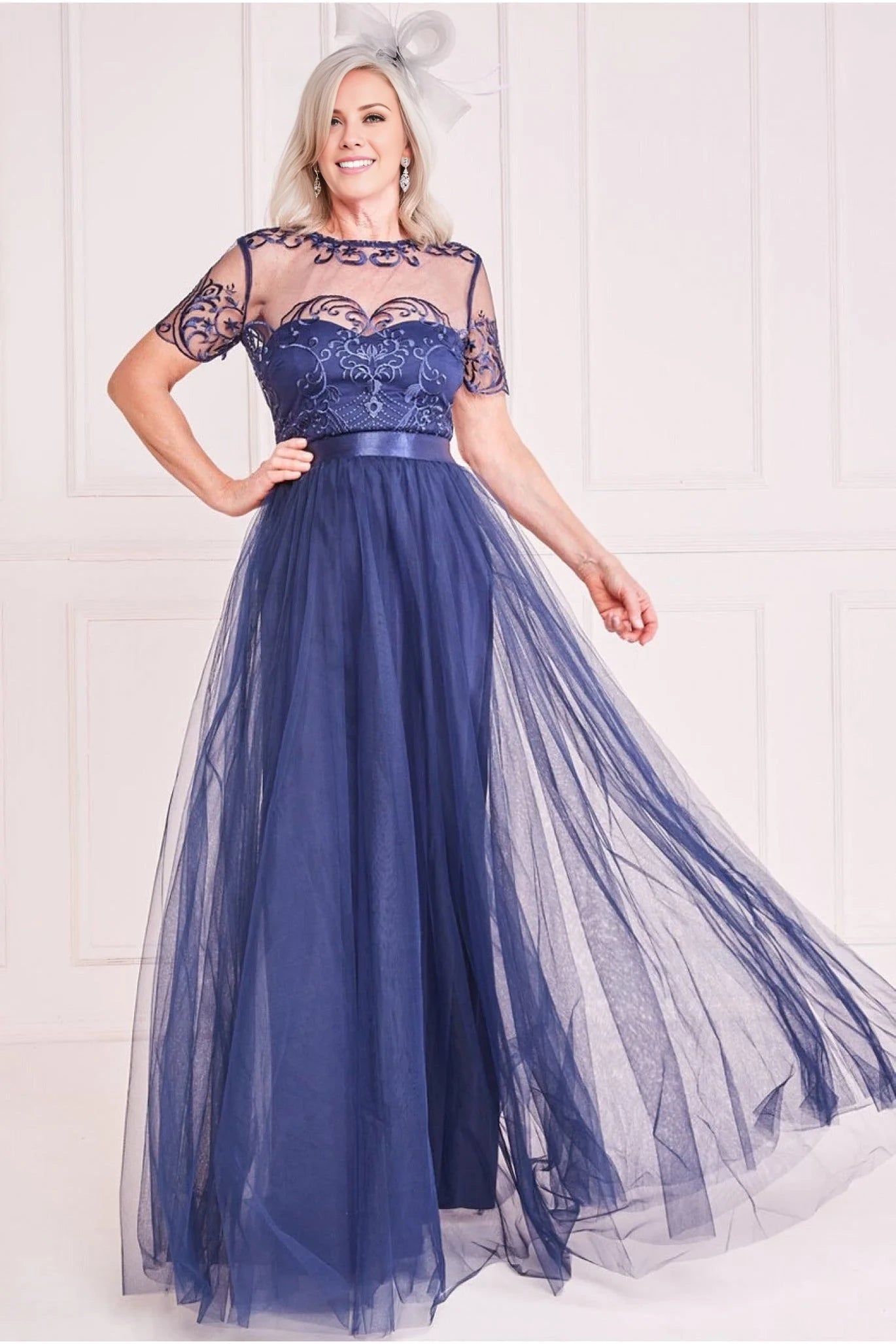 Dark Navy Embroidered Mesh A-Line Floor-Length Gown