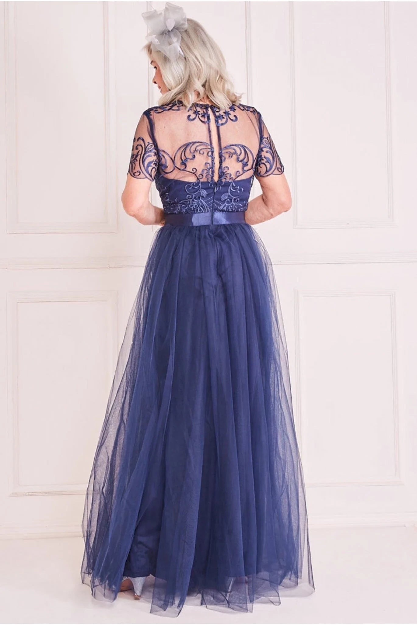 Dark Navy Embroidered Mesh A-Line Floor-Length Gown