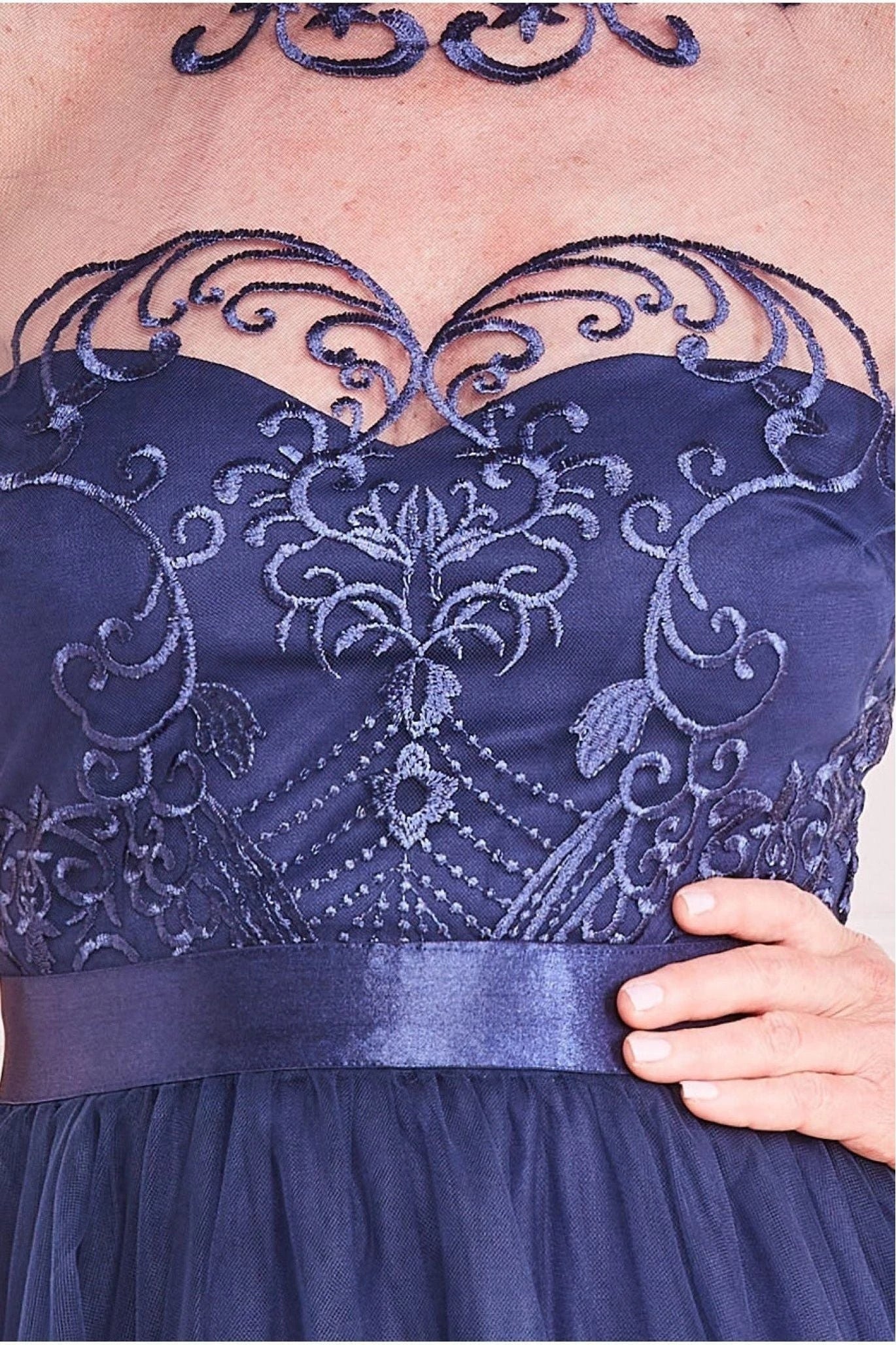 Dark Navy Embroidered Mesh A-Line Floor-Length Gown