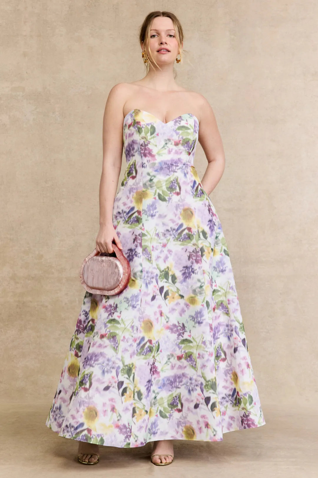 Romantic Lavender Floral A-Line Sweetheart Strapless Floor-Length Prom Dresses