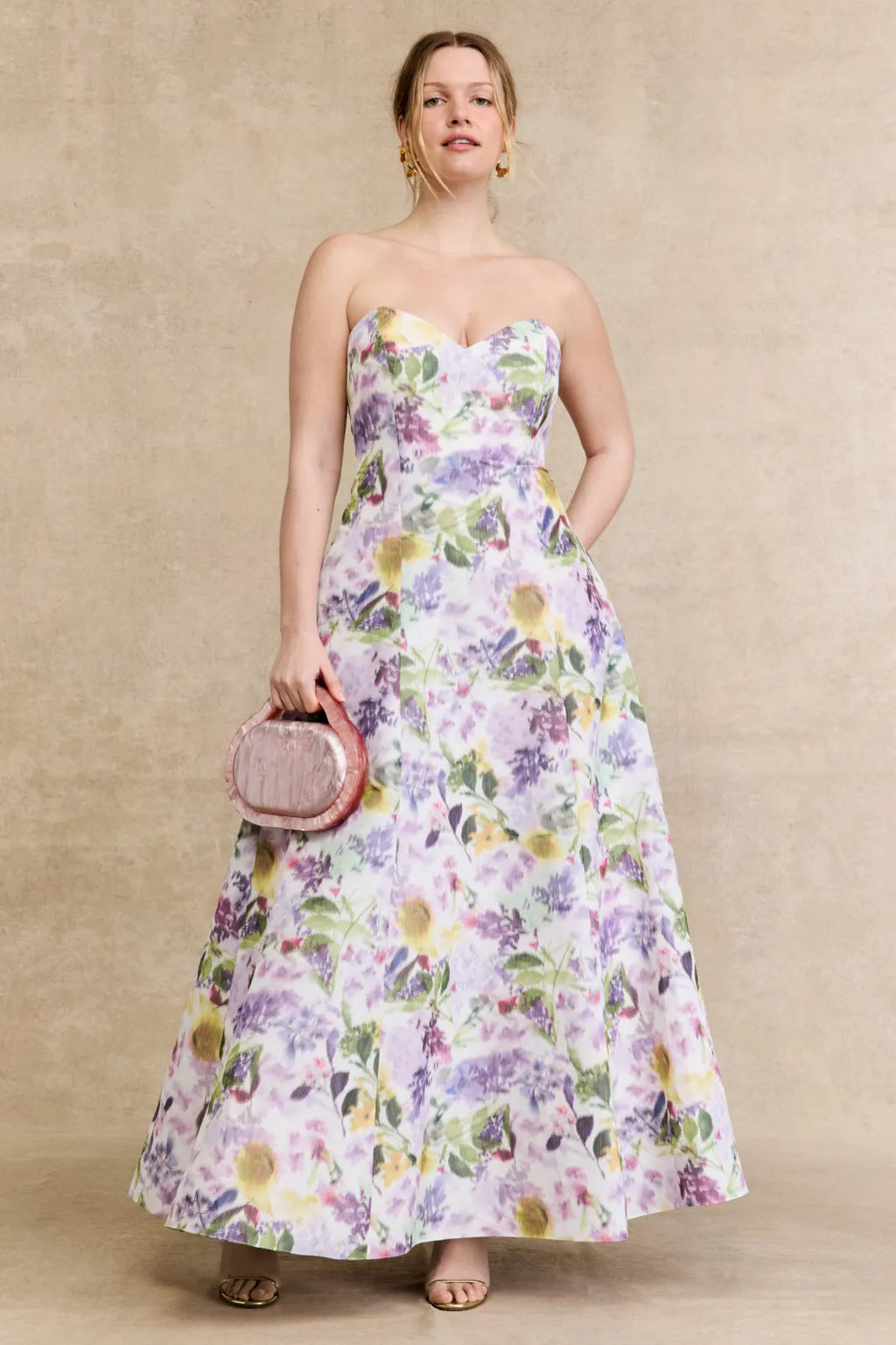 Ivory Floral Print Organza A-Line Ankle-Length Sweetheart Bridesmaid Dress
