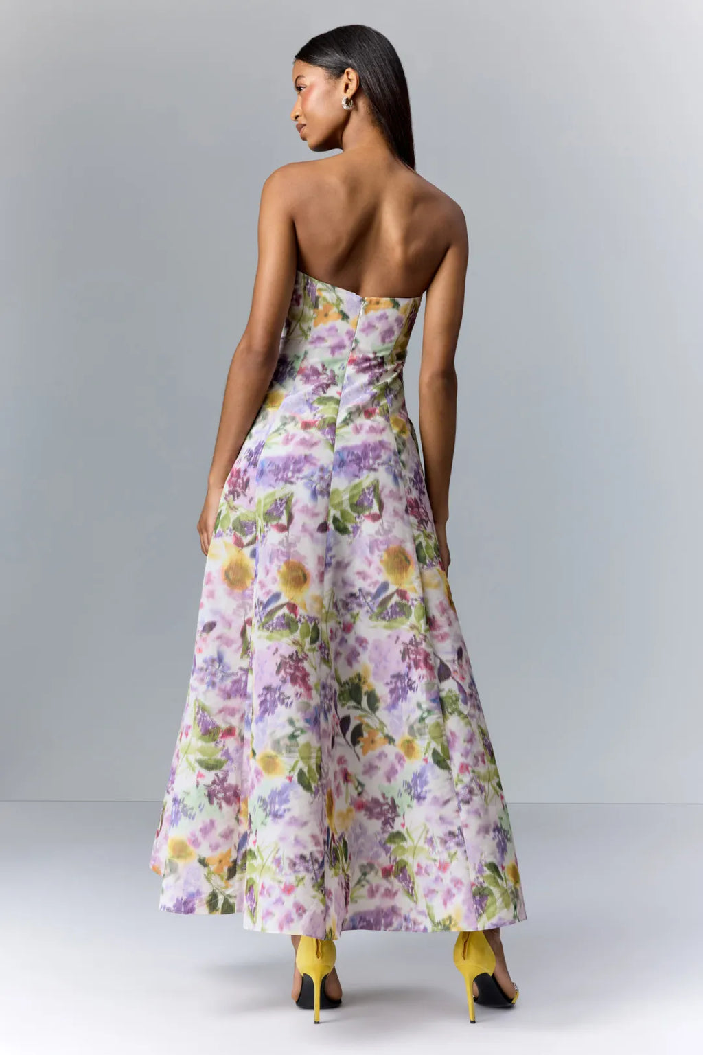 Ivory Floral Print Organza A-Line Ankle-Length Sweetheart Bridesmaid Dress