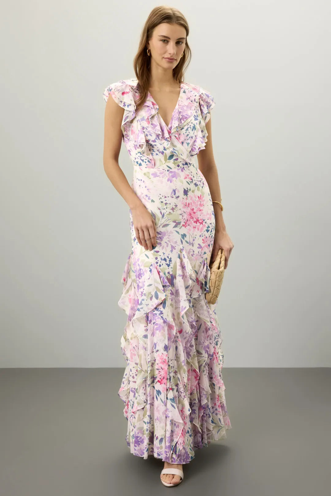 Romantic Lavender Floral Mermaid V-Neck Ruffle-Sleeve Floor-Length Prom Dresses