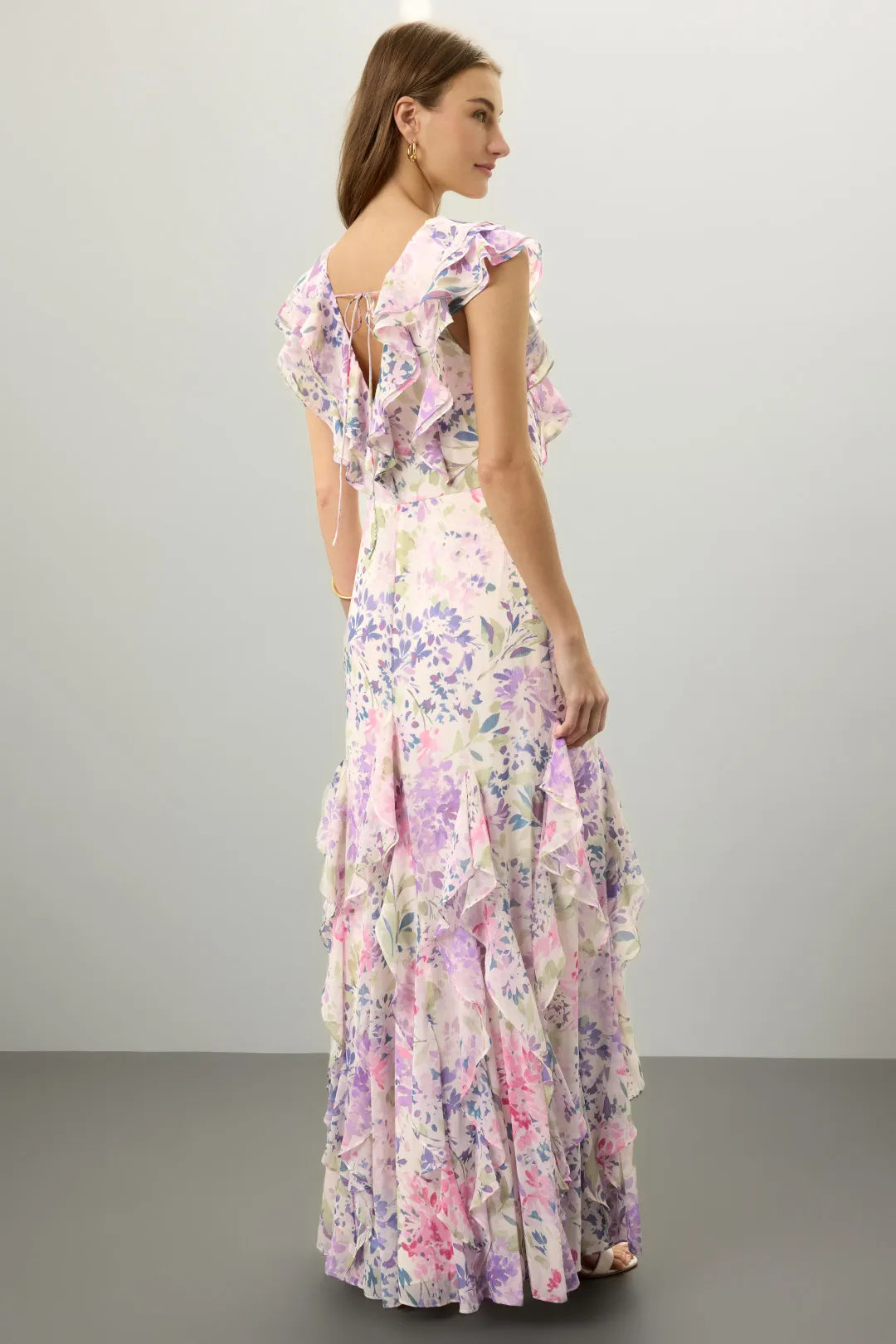 Romantic Lavender Floral Mermaid V-Neck Ruffle-Sleeve Floor-Length Prom Dresses