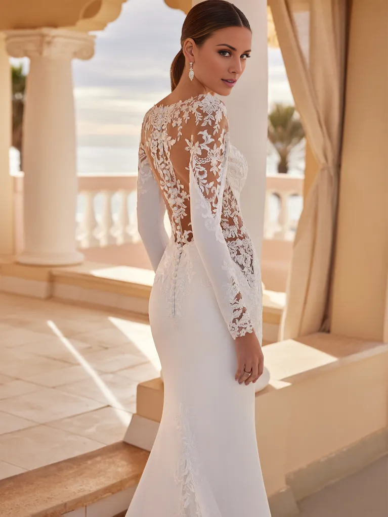 Romantic Mermaid Deep V-Neck Long Sleeve Lace-Detail Maxi Winter Wedding Dress