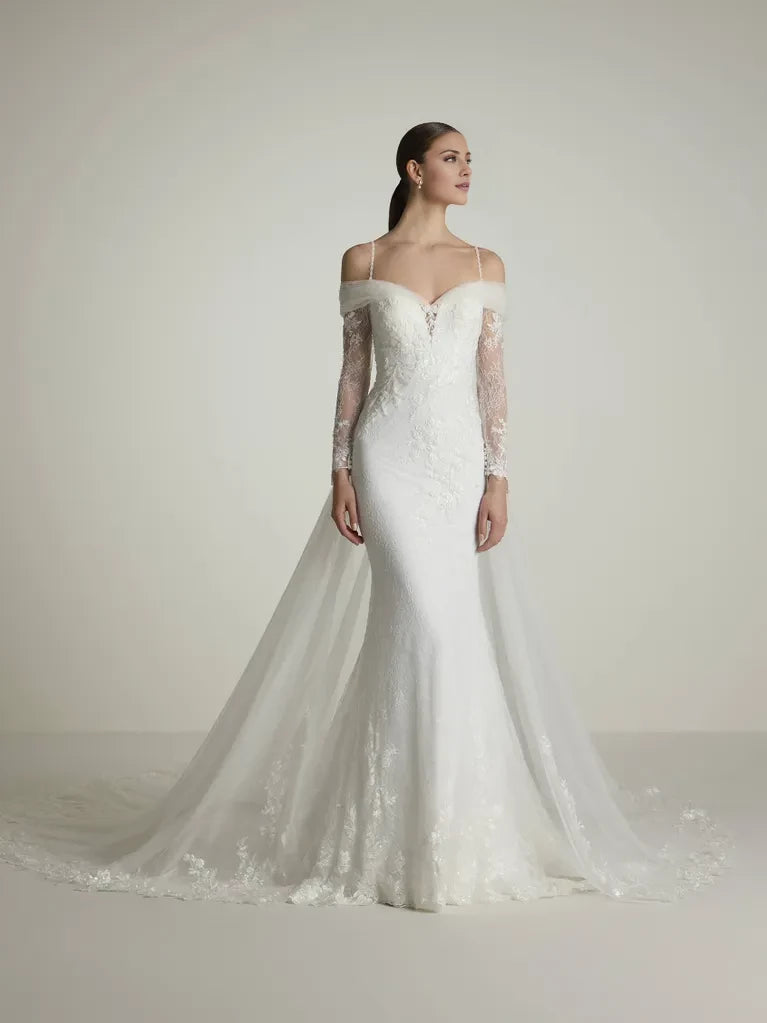 Romantic Mermaid Off-Shoulder Lace Long Sleeve Cape-Detail Maxi Winter Wedding Dress