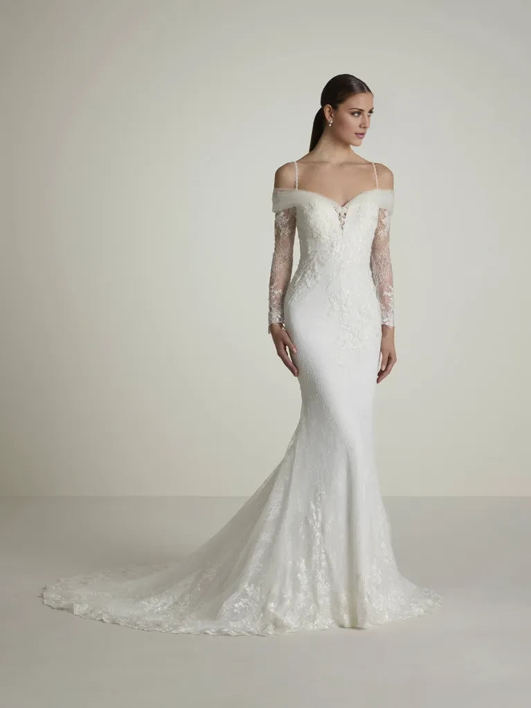 Romantic Mermaid Off-Shoulder Lace Long Sleeve Cape-Detail Maxi Winter Wedding Dress