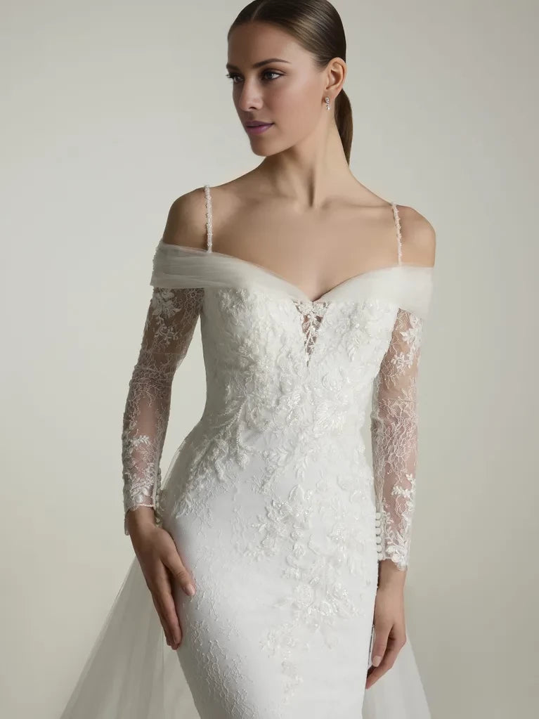 Romantic Mermaid Off-Shoulder Lace Long Sleeve Cape-Detail Maxi Winter Wedding Dress