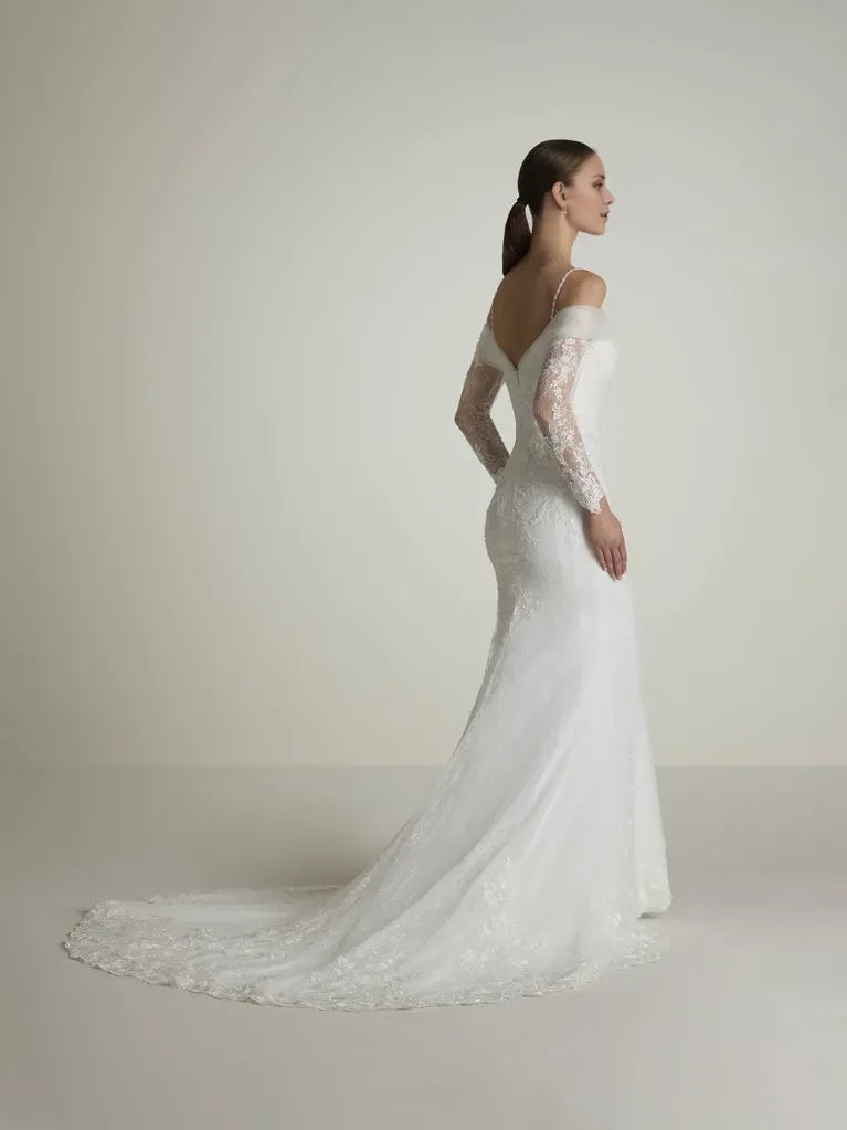 Romantic Mermaid Off-Shoulder Lace Long Sleeve Cape-Detail Maxi Winter Wedding Dress