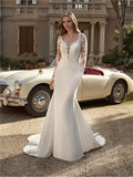 Ivory Crepe Mermaid Floor-Length Evening Dress with Plunging V Neck & Lace Illusion Sleeves