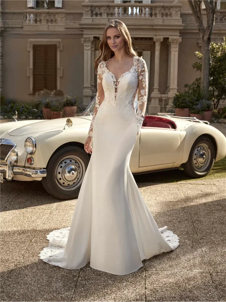 Ivory Crepe Mermaid Floor-Length Evening Dress with Plunging V Neck & Lace Illusion Sleeves
