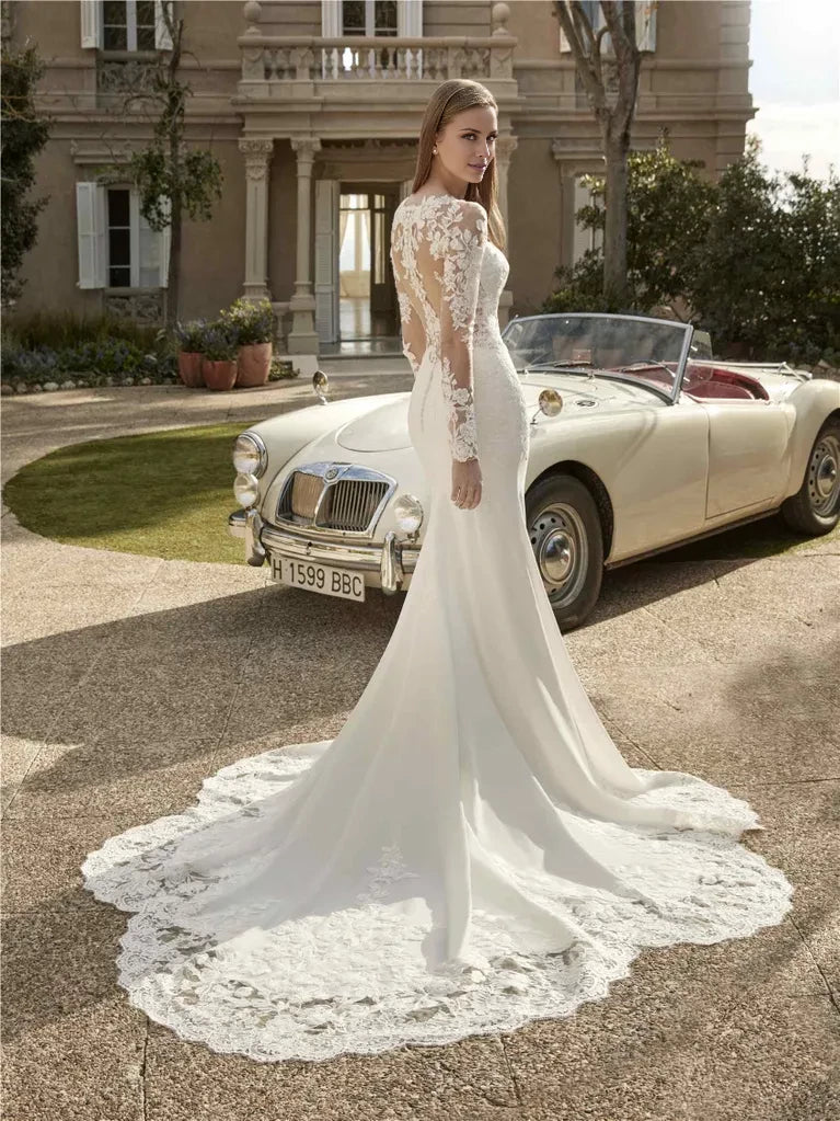 Ivory Crepe Mermaid Floor-Length Evening Dress with Plunging V Neck & Lace Illusion Sleeves