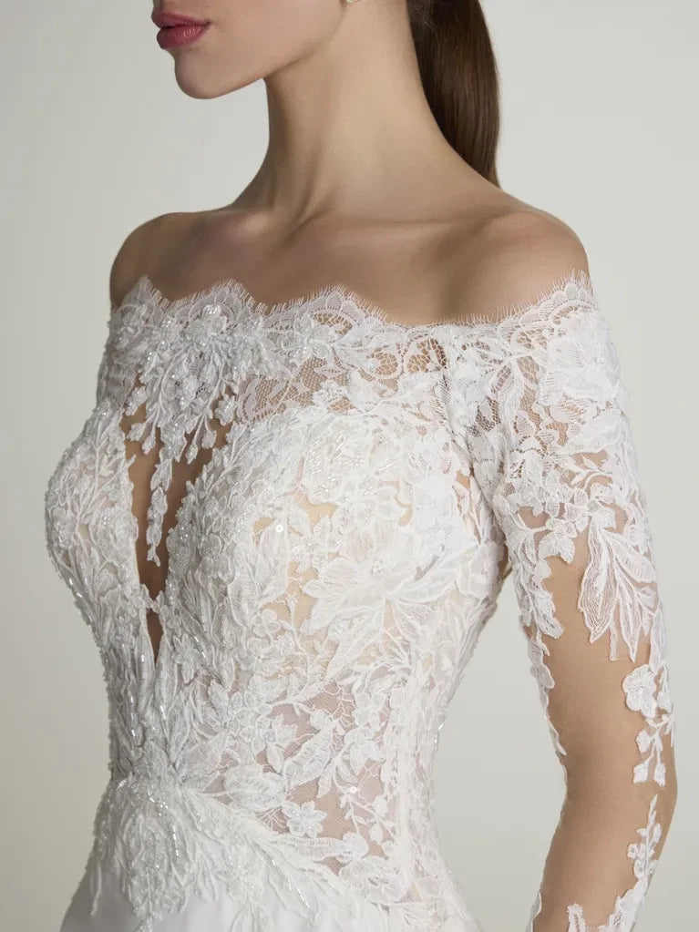 Romantic Off-Shoulder Lace Long Sleeve Mermaid Floor-Length Winter Wedding Dress