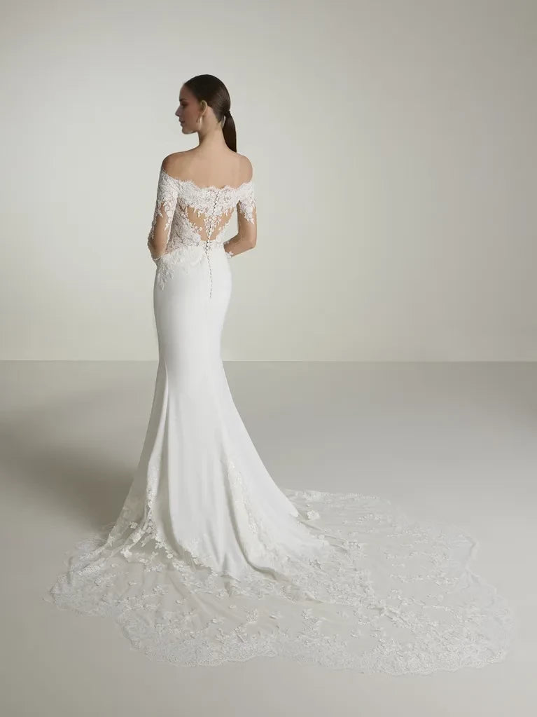 Ivory Lace Mermaid Floor-Length Dress with Off-the-Shoulder & Back Zip