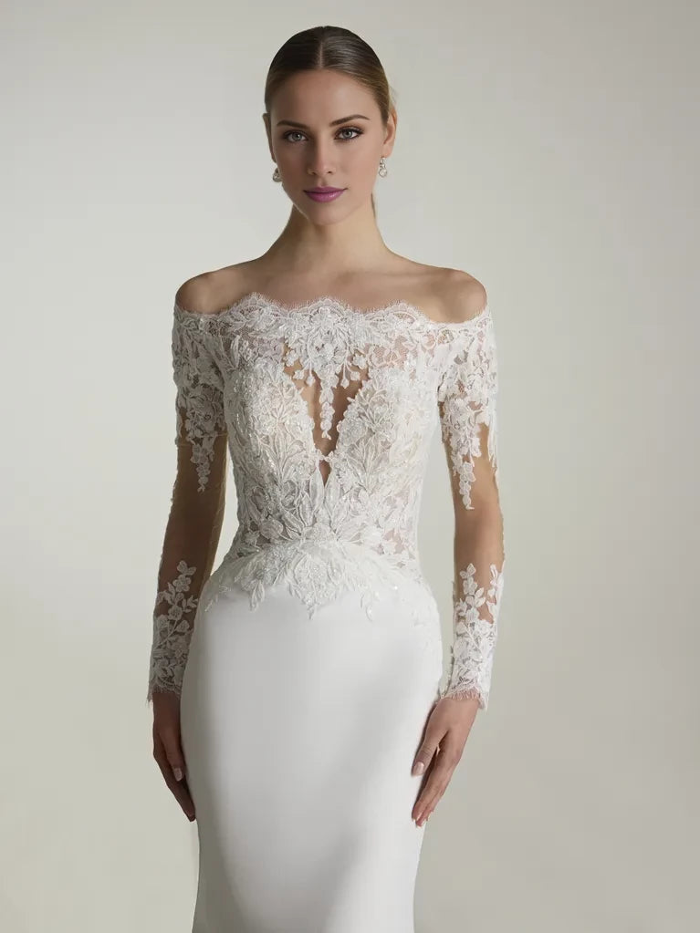 Romantic Off-Shoulder Lace Long Sleeve Mermaid Floor-Length Winter Wedding Dress