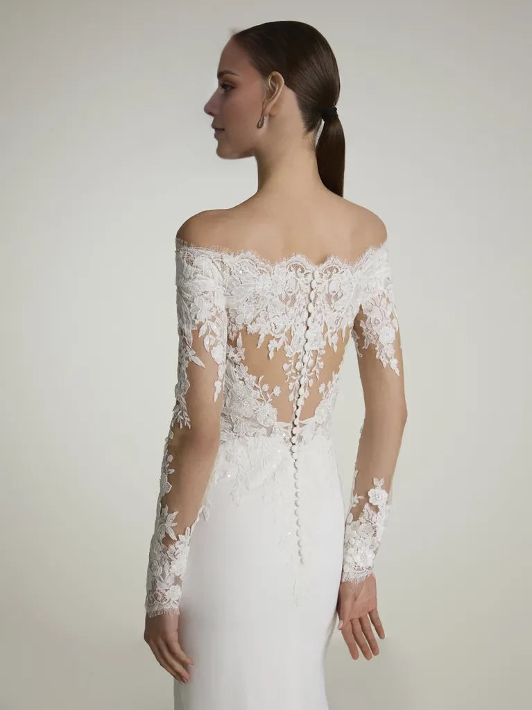 Romantic Off-Shoulder Lace Long Sleeve Mermaid Floor-Length Winter Wedding Dress