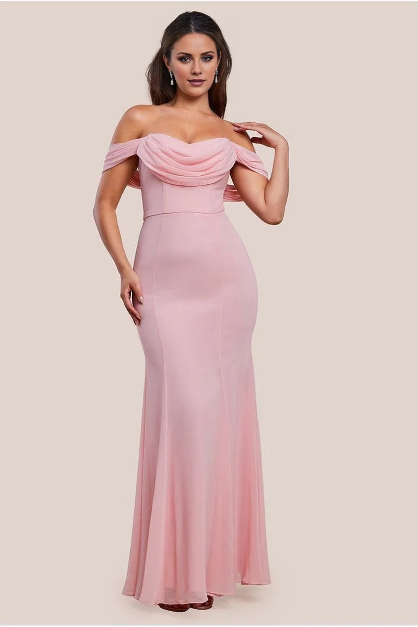 Romantic Off-Shoulder Neck Sleeveless Draped Chiffon Mermaid Floor-Length Evening Dress
