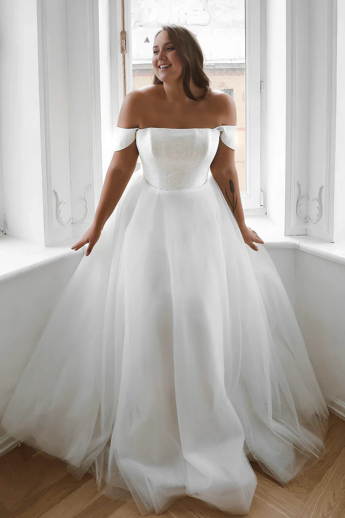 White Glitter Fabric Off-the-Shoulder Floor-Length Evening Dress