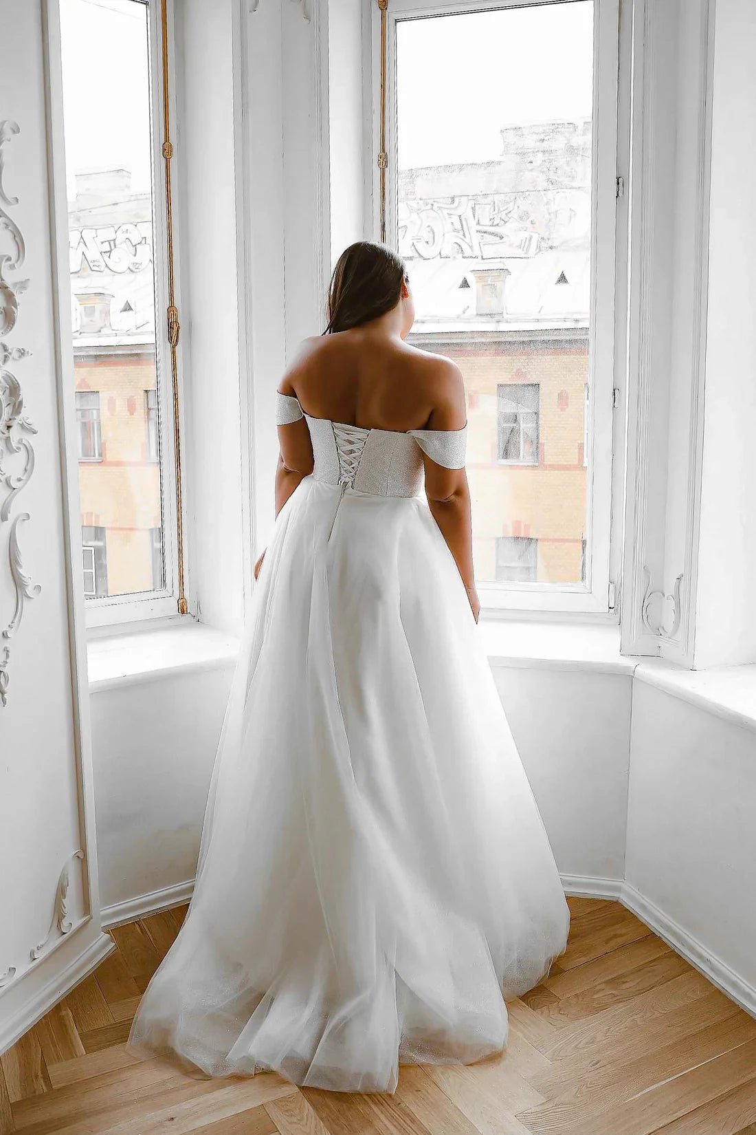 White Glitter Fabric Off-the-Shoulder Floor-Length Evening Dress