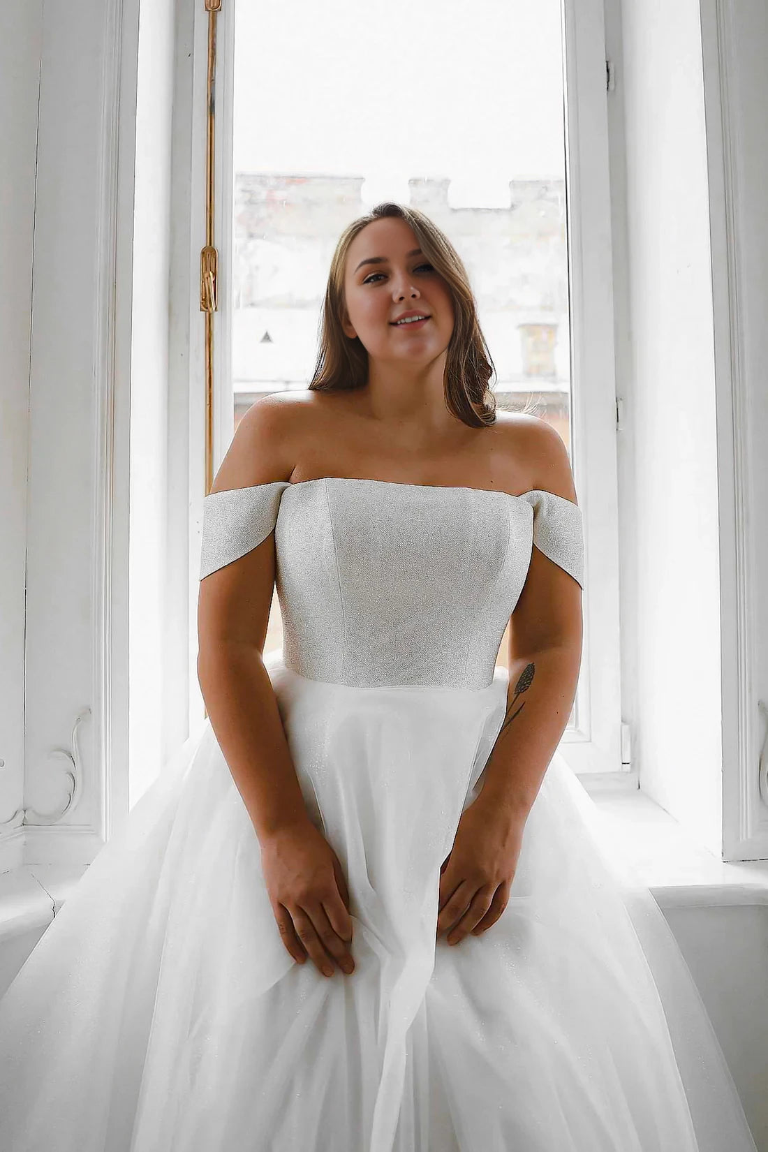 White Glitter Fabric Off-the-Shoulder Floor-Length Evening Dress