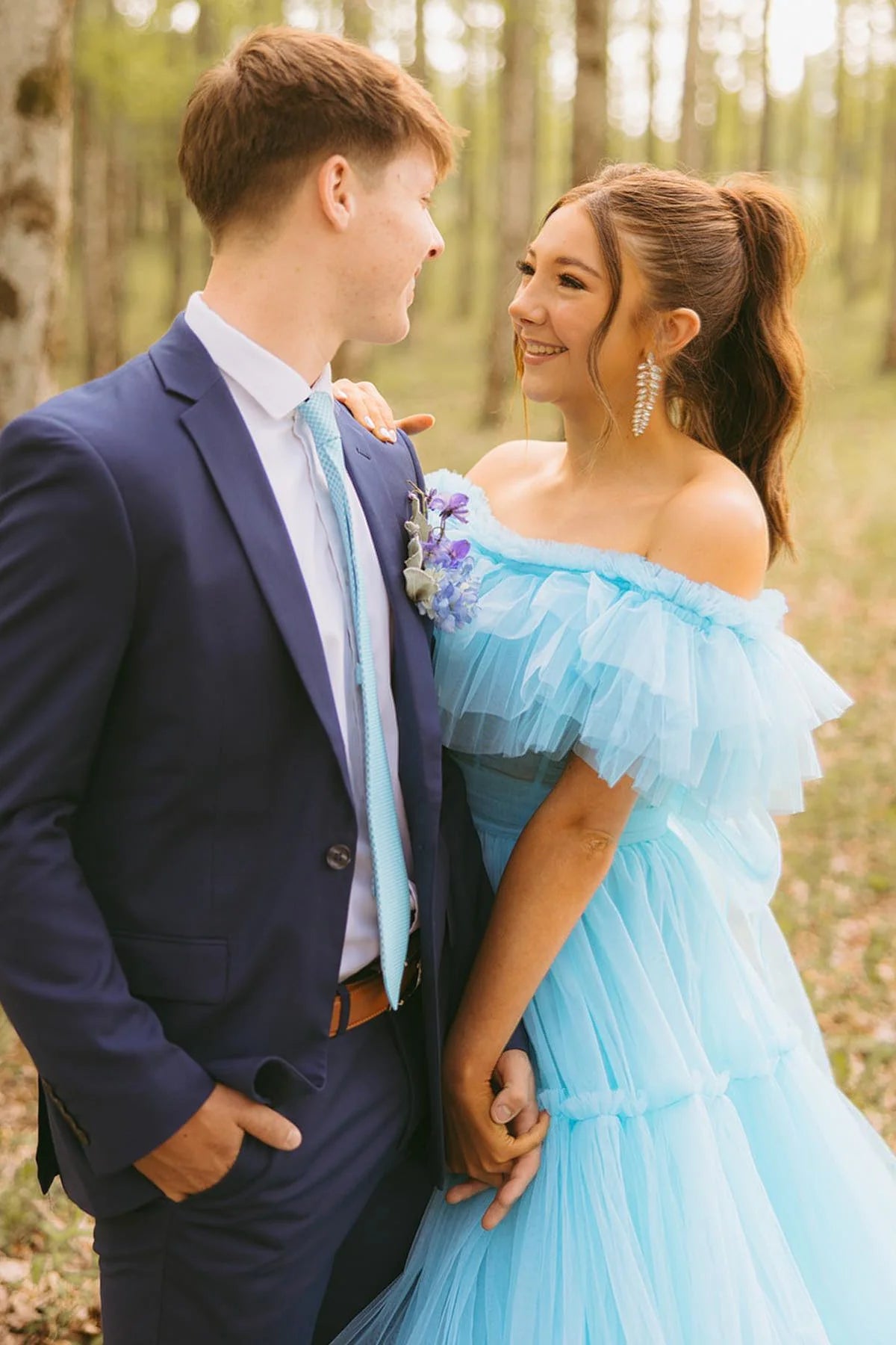 Sky Blue Tulle A-Line Floor-Length Bridesmaid Dress with Tiered Ruffle Skirt