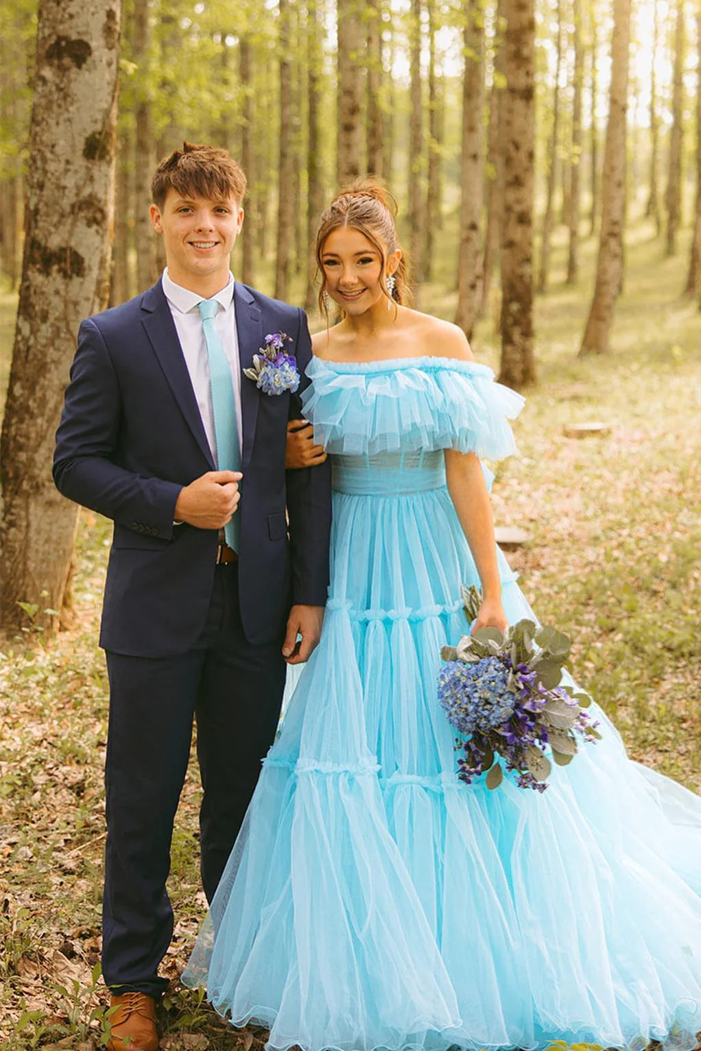 Sky Blue Tulle A-Line Floor-Length Bridesmaid Dress with Tiered Ruffle Skirt