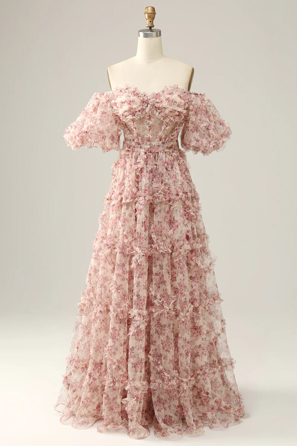 Romantic Off-the-Shoulder Floral Print Ruffled Tulle Prom Dress with Puff Sleeves