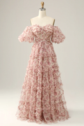 Blushing Pink Chiffon Off-the-Shoulder A-Line Floor-Length Evening Dress