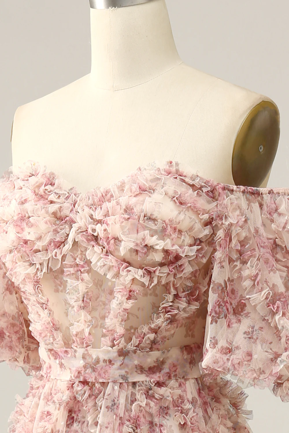 Romantic Off-the-Shoulder Floral Print Ruffled Tulle Prom Dress with Puff Sleeves