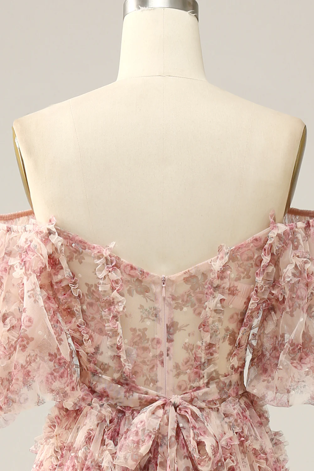 Romantic Off-the-Shoulder Floral Print Ruffled Tulle Prom Dress with Puff Sleeves