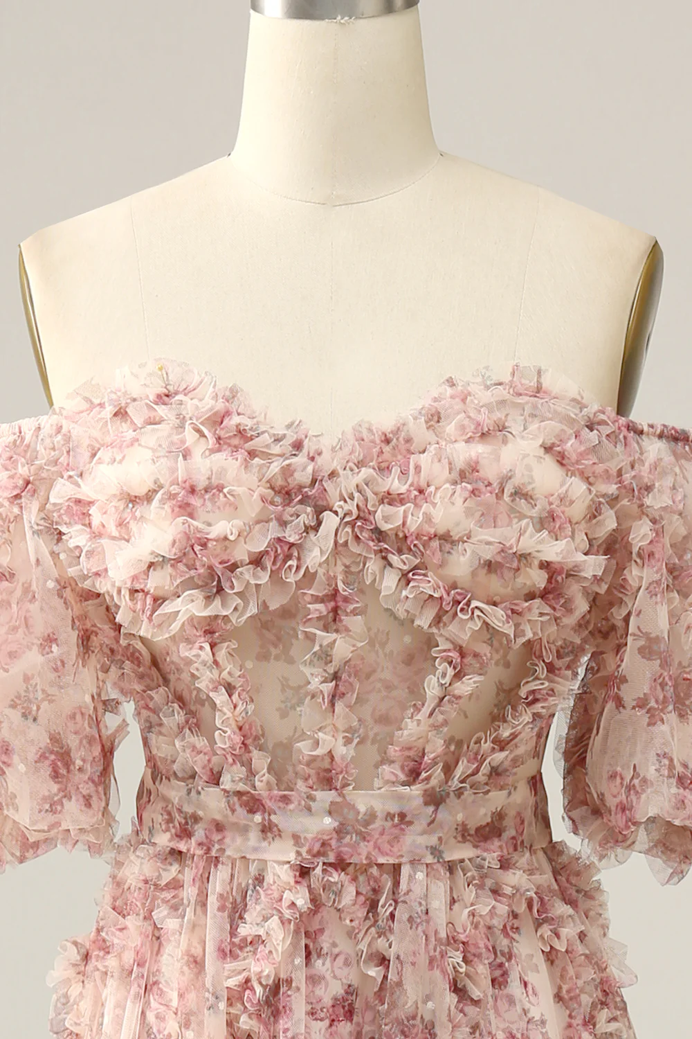 Romantic Off-the-Shoulder Floral Print Ruffled Tulle Prom Dress with Puff Sleeves