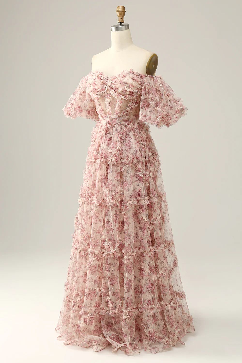 Romantic Off-the-Shoulder Floral Print Ruffled Tulle Prom Dress with Puff Sleeves
