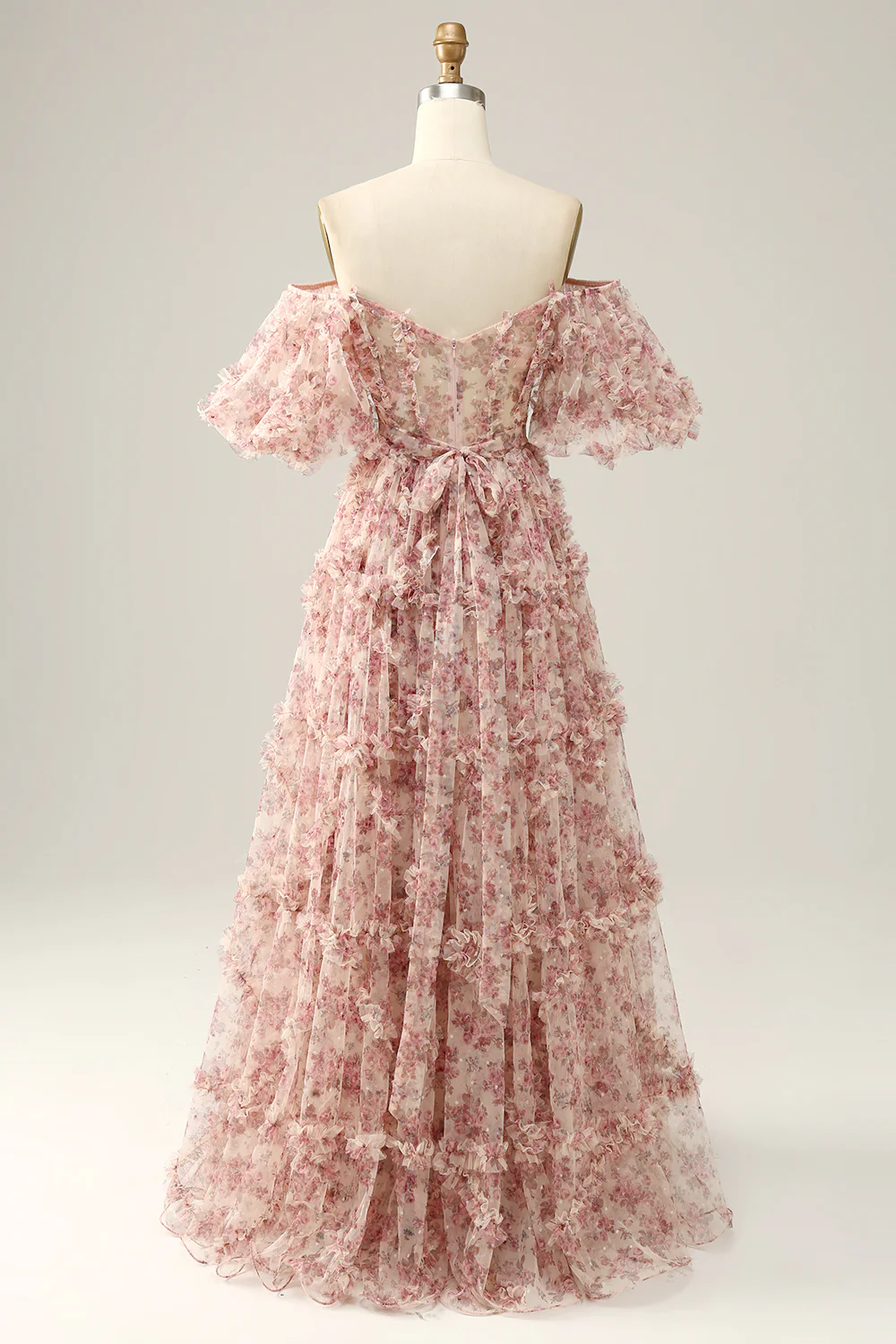 Romantic Off-the-Shoulder Floral Print Ruffled Tulle Prom Dress with Puff Sleeves