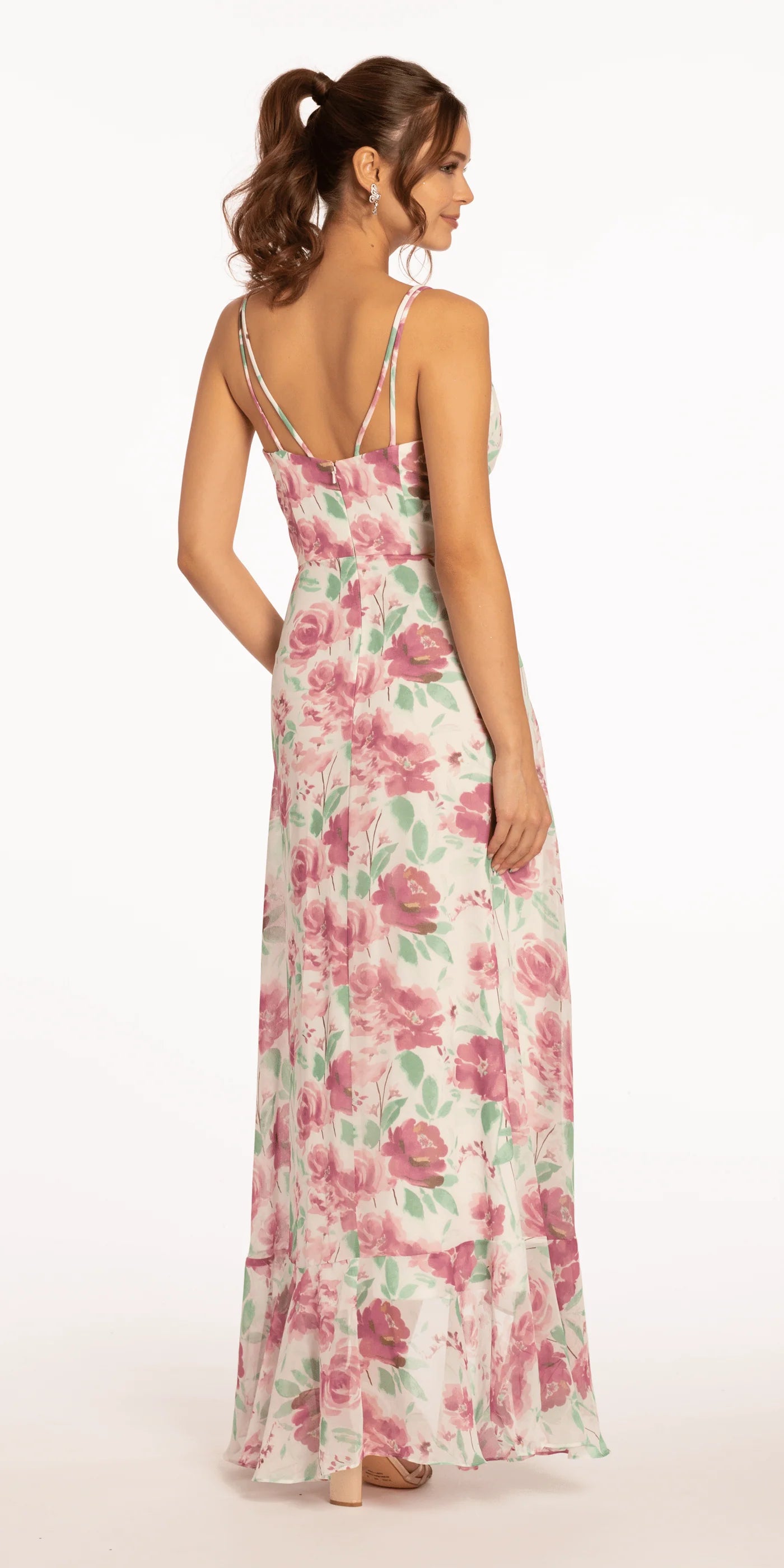 Romantic Pink Floral Print V-Neck Double Spaghetti Strap High-Low Ruffled Chiffon Bridesmaid Dress