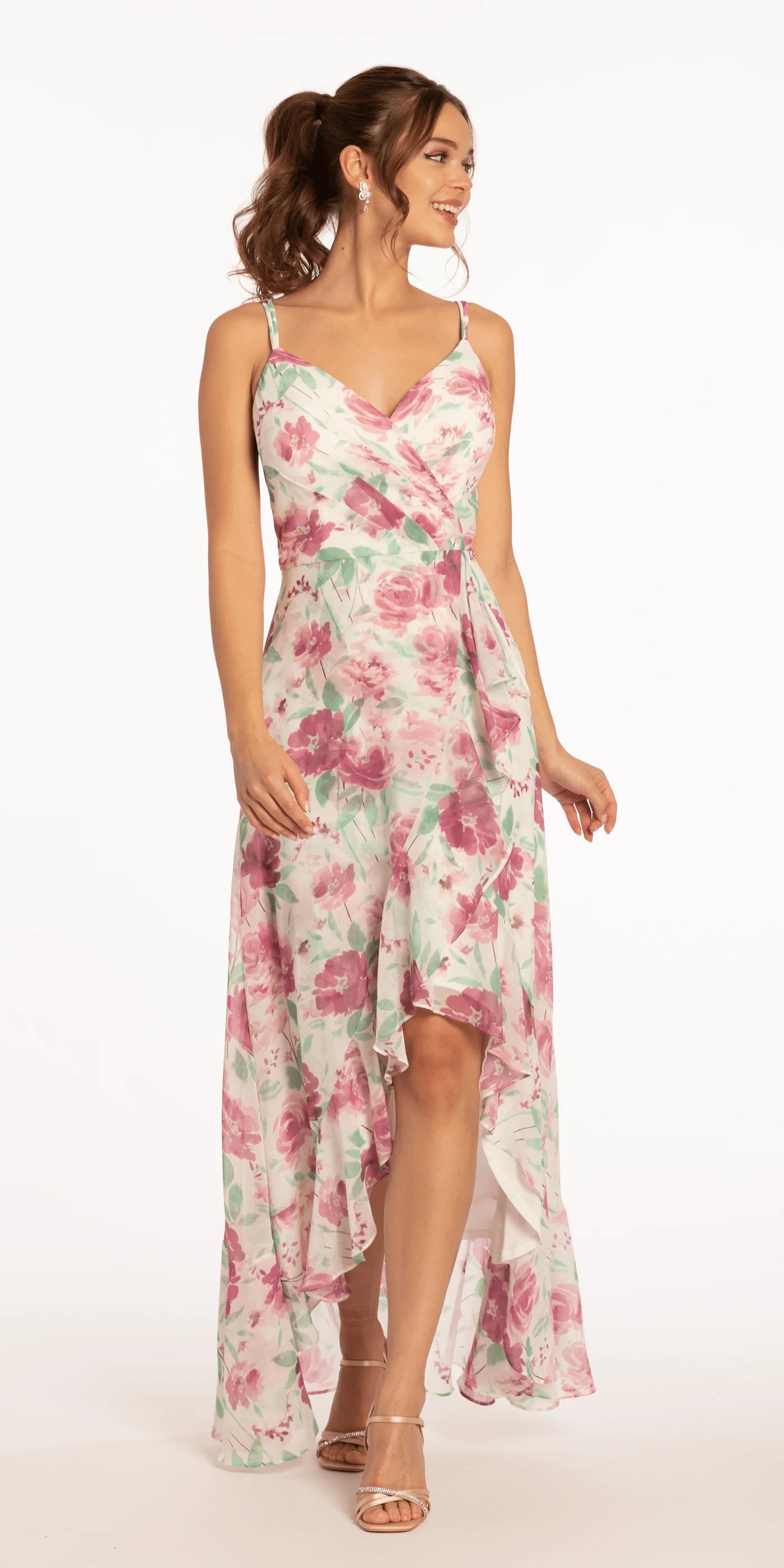 Romantic Pink Floral Print V-Neck Double Spaghetti Strap High-Low Ruffled Chiffon Bridesmaid Dress