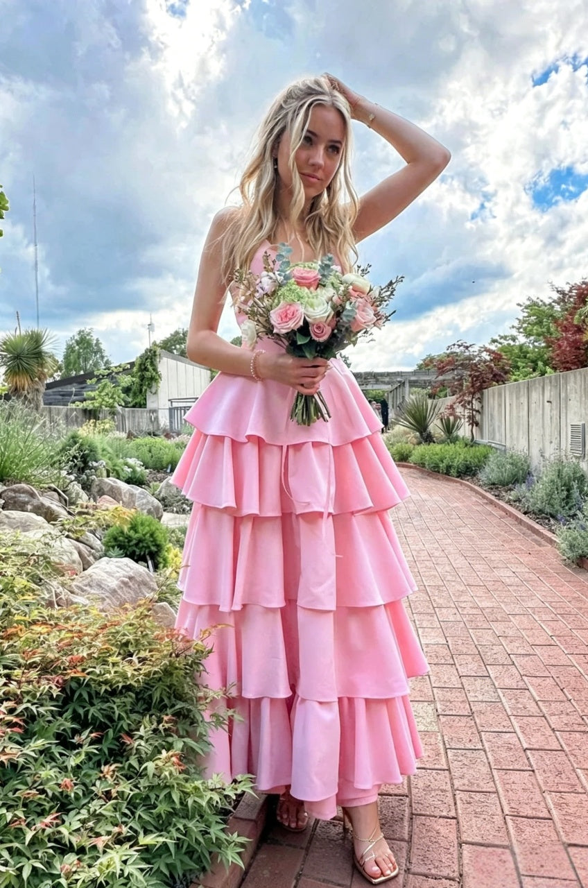 Romantic Pink Tiered A-Line V-Neck Spaghetti Strap Floor-Length Prom Evening Dresses