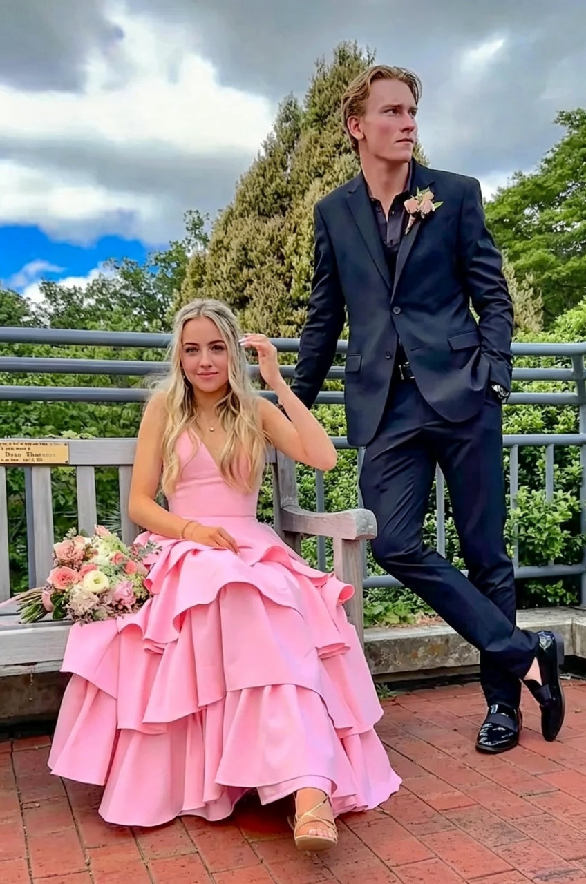 Romantic Pink Tiered A-Line V-Neck Spaghetti Strap Floor-Length Prom Evening Dresses