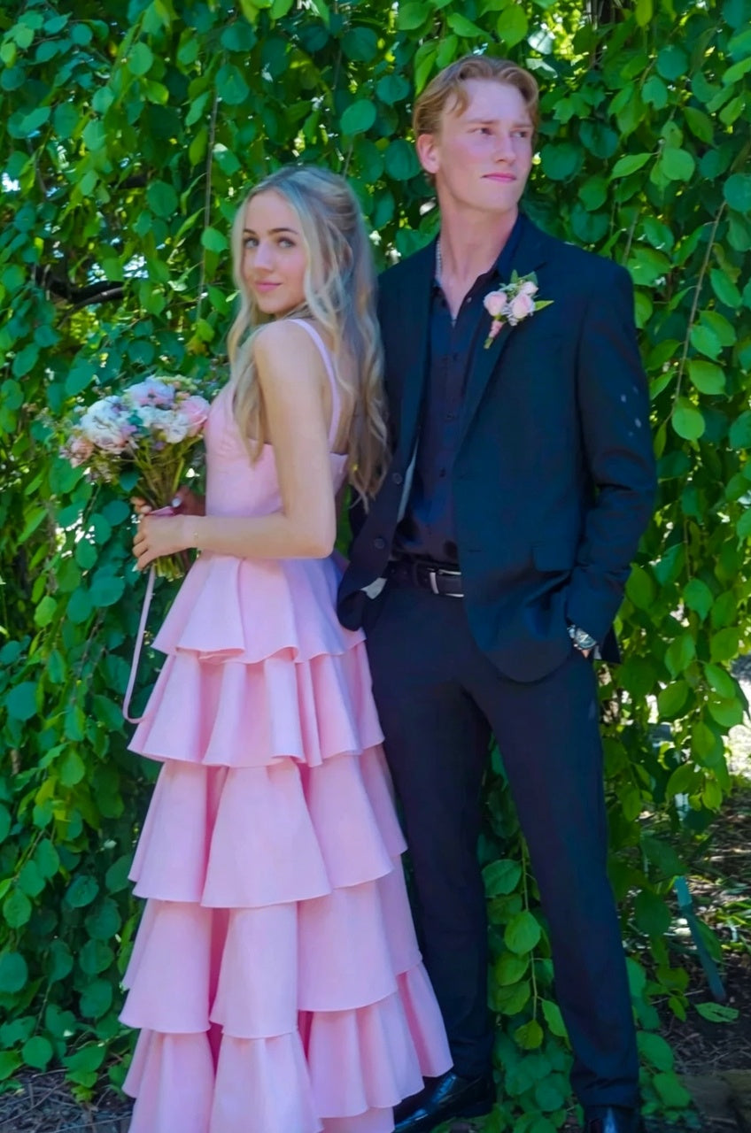 Pink Satin A-Line V-Neck Floor-Length Evening Dress with Tiered Ruffled Skirt