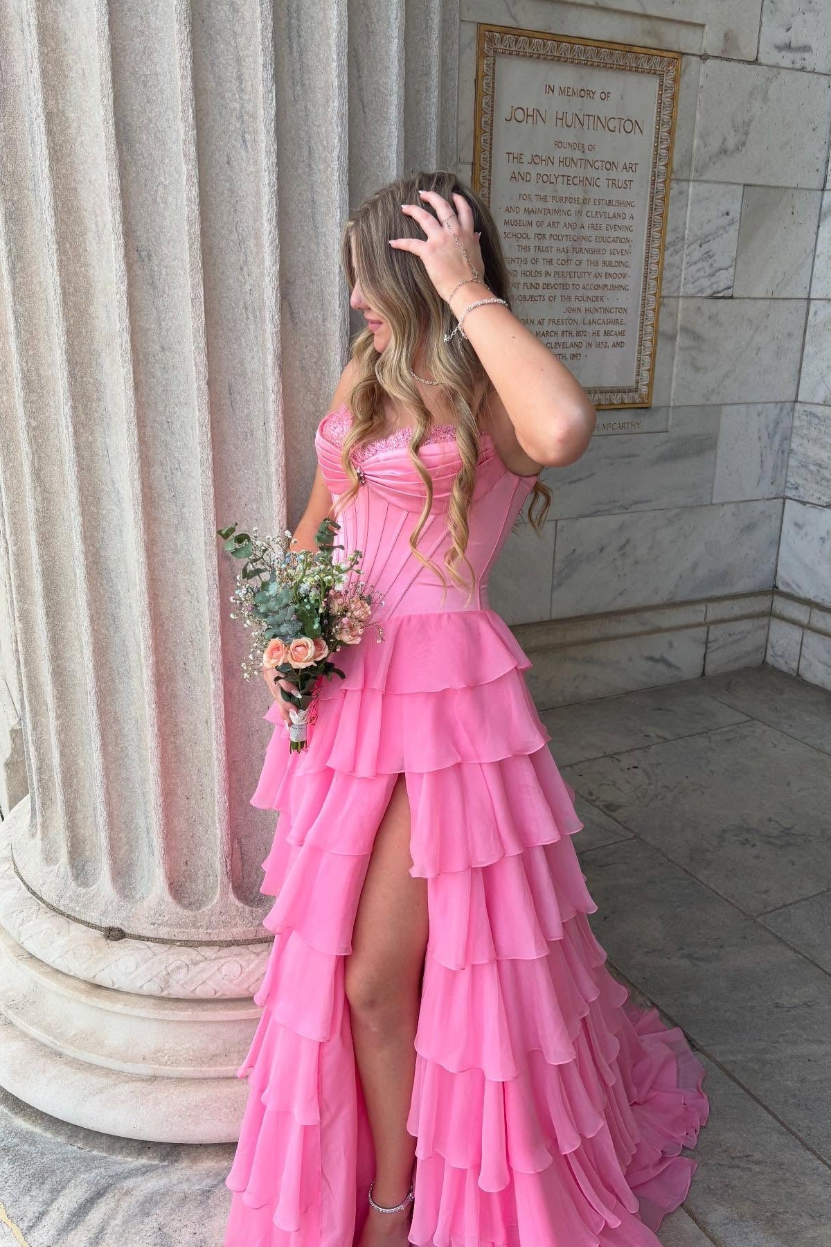 Romantic Tulle Prom Dress with Strapless Beaded Neckline, Corset Bodice and Tiered Ruffle Skirt