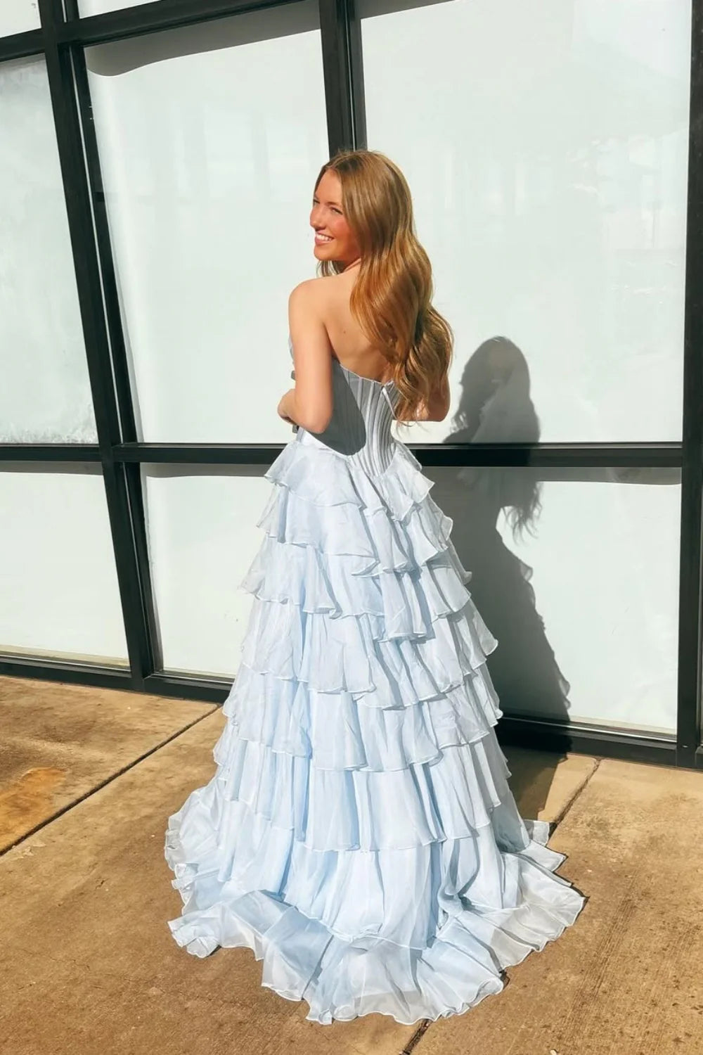 Romantic Tulle Prom Dress with Strapless Beaded Neckline, Corset Bodice and Tiered Ruffle Skirt