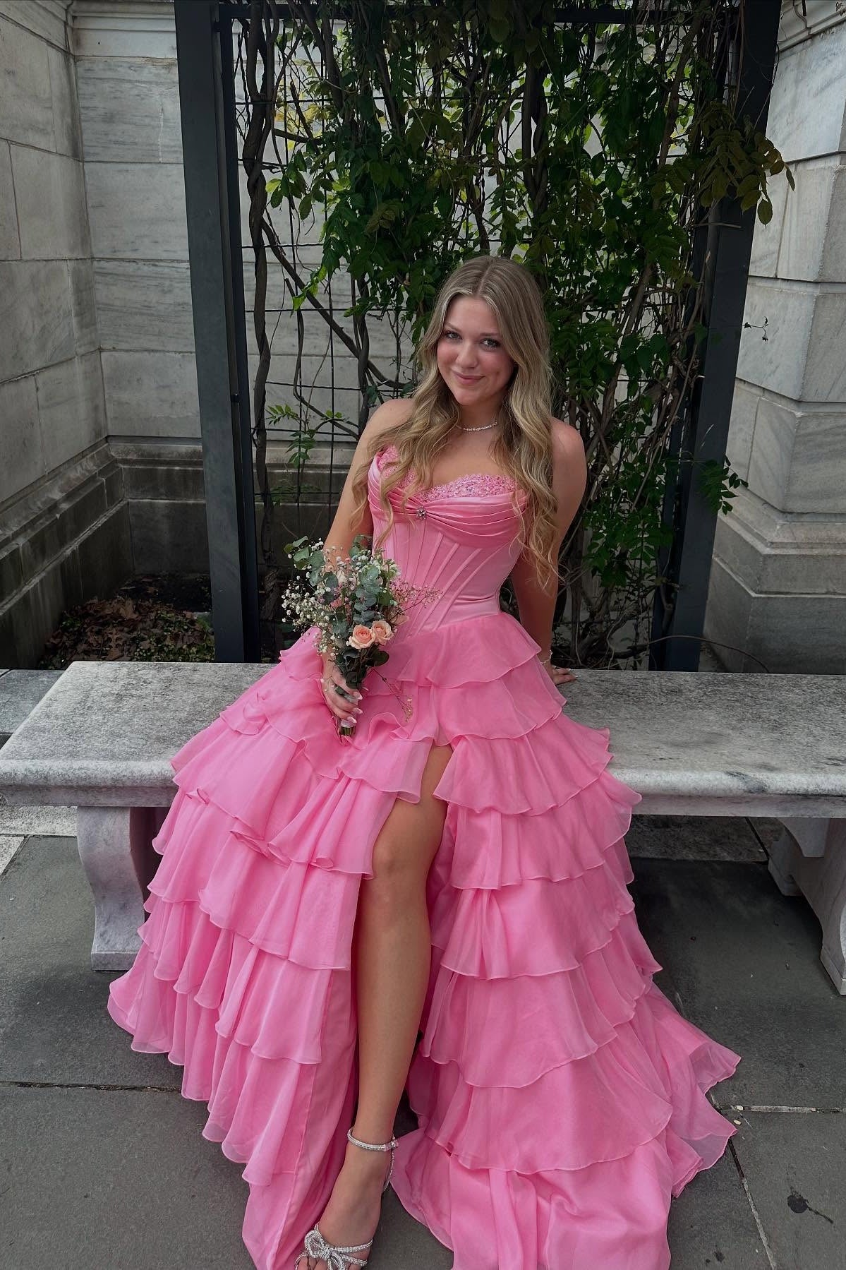 Romantic Tulle Prom Dress with Strapless Beaded Neckline, Corset Bodice and Tiered Ruffle Skirt