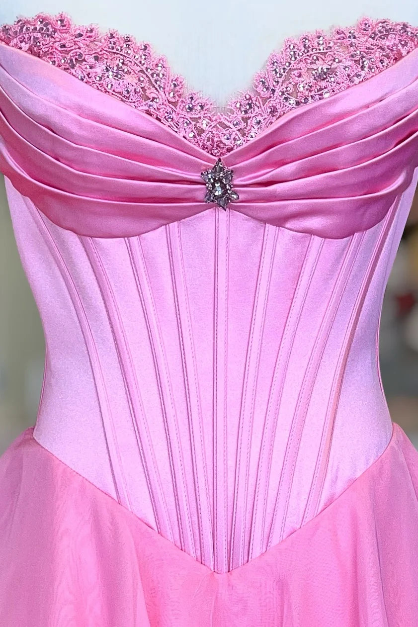 Romantic Tulle Prom Dress with Strapless Beaded Neckline, Corset Bodice and Tiered Ruffle Skirt